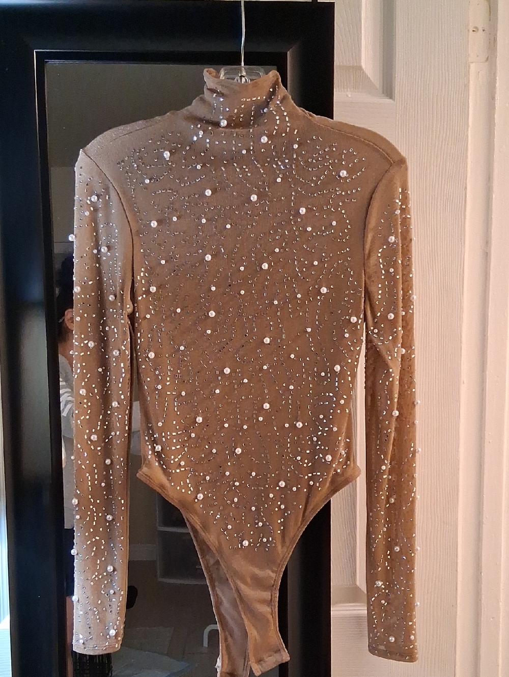 SHEIN Camel Pearl & Rhinestone Embellished  Bodysuit
